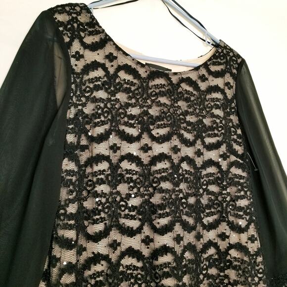 R&M Richards Black Stretch Lace Illusion Dress Sequins Sheer 3/4 Sleeves Size 14 - Picture 5 of 11